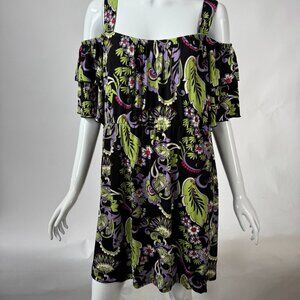 Slinky Brand Off-Shoulder Ruffle Sleeve Dress 1X Black Multicolor Floral Pattern